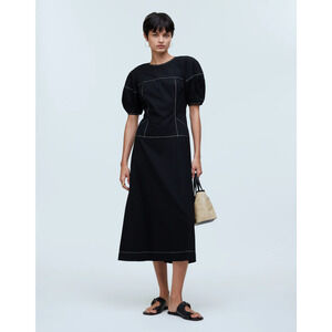 Madewell Midi Dress Puff Sleeve Drop Waist High Neck Black Womens Size 2 NWT